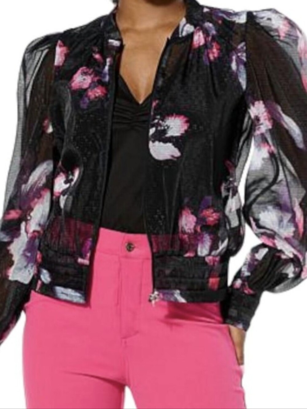 Women's Zip Jacket - Black with Pink & Purple Floral Accents